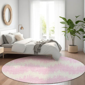 HomeRoots 8' Pink And Ivory Chevron Round Rug - Washable, Stain-Resistant, UV Protected for Modern Homes 669982