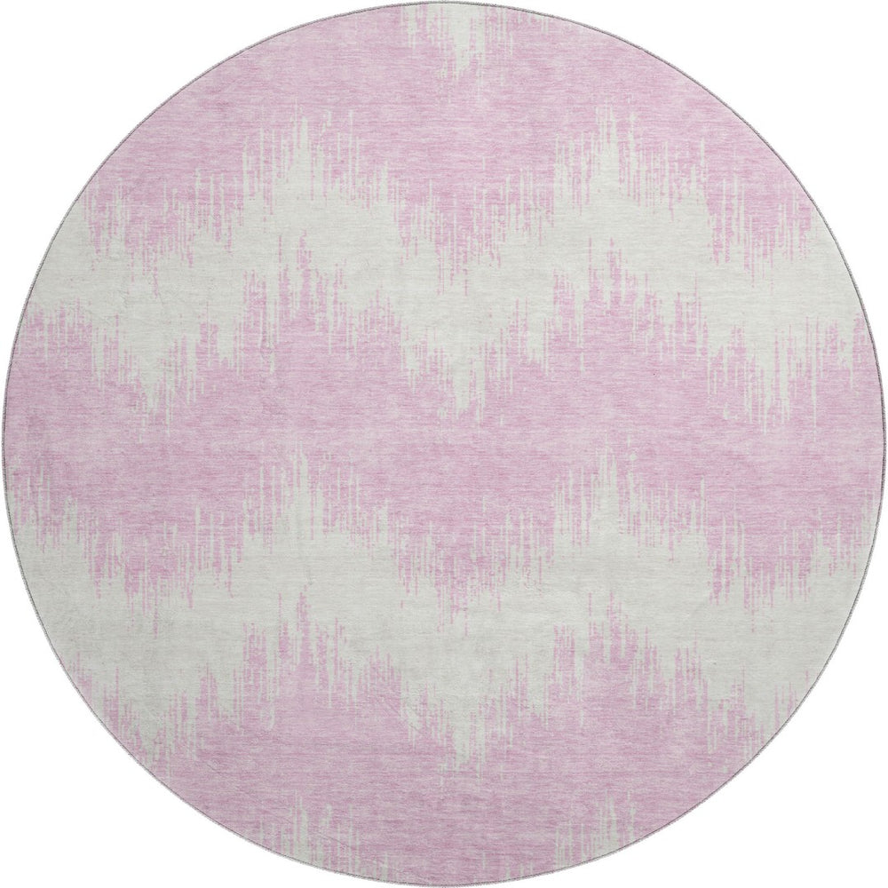 HomeRoots 8' Pink And Ivory Chevron Round Rug - Washable, Stain-Resistant, UV Protected for Modern Homes 669982