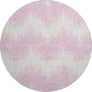 HomeRoots 8' Pink And Ivory Chevron Round Rug - Washable, Stain-Resistant, UV Protected for Modern Homes 669982