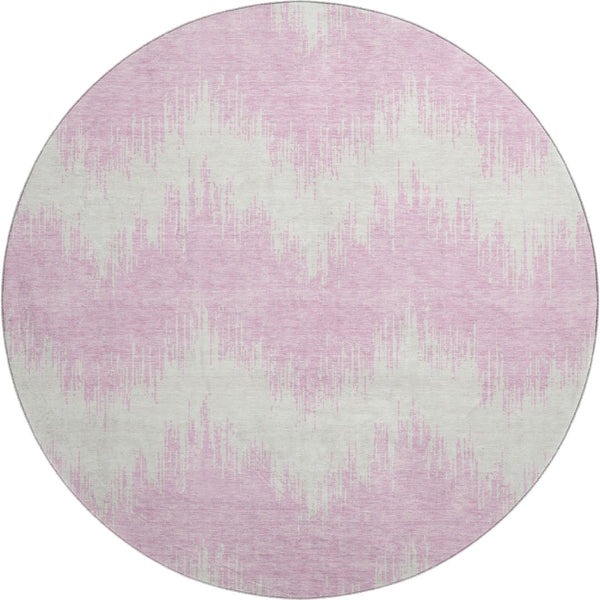 HomeRoots 8' Pink And Ivory Chevron Round Rug - Washable, Stain-Resistant, UV Protected for Modern Homes 669982
