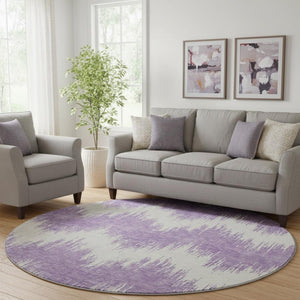 HomeRoots 8' Bold Purple and Ivory Chevron Washable Round Rug with UV Protection for High-Traffic Areas 669988