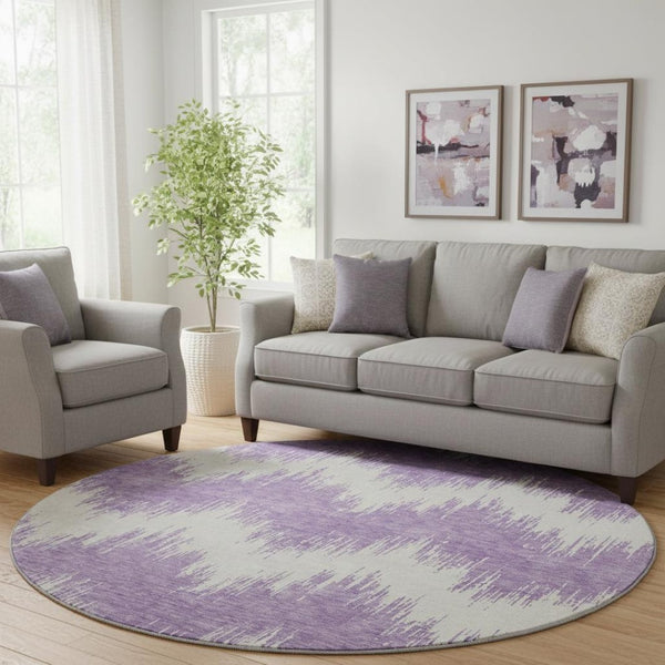 HomeRoots 8' Bold Purple and Ivory Chevron Washable Round Rug with UV Protection for High-Traffic Areas 669988
