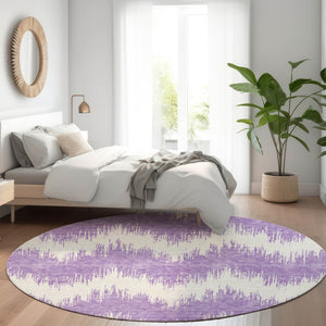 HomeRoots 8' Bold Purple and Ivory Chevron Washable Round Rug with UV Protection for High-Traffic Areas 669988