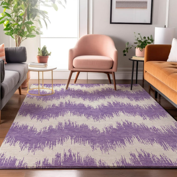 HomeRoots 10' Purple & Ivory Chevron Washable Area Rug - Durable, UV-Protected, Perfect for Kids & Pets! 669991