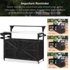 English Elm K&K 53.3" Outdoor Kitchen Island with 1.2" Stainless Top, Spacious Storage, Raised Shelf, Wheels Black N707P250628B