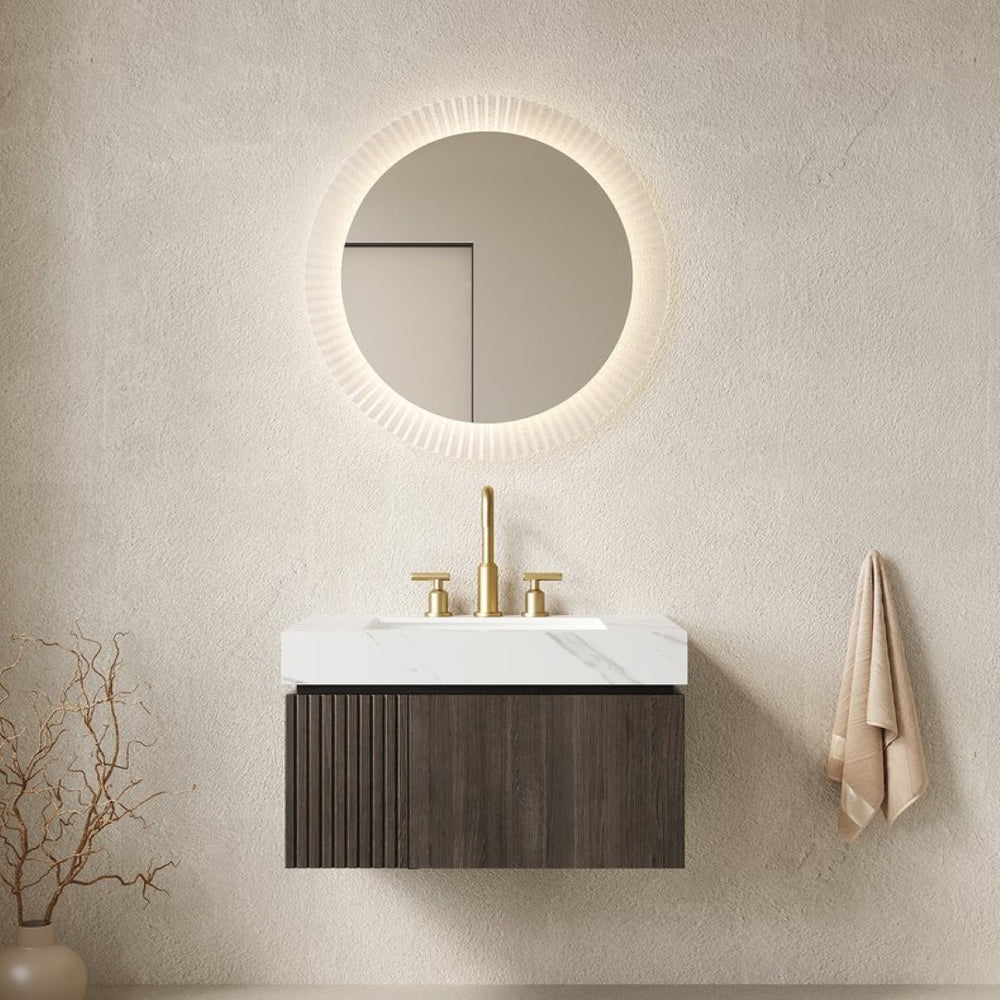 English Elm Muri Floating Bathroom Vanity Plywood Cabinet Sintered Stone Top Espresso Woodgrain W2615S00636