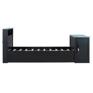 English Elm Twin Wood Gaming Daybed with Trundle Built-in Desk Rgb Lighting and Usb Port Black+Blue LT000283AAC