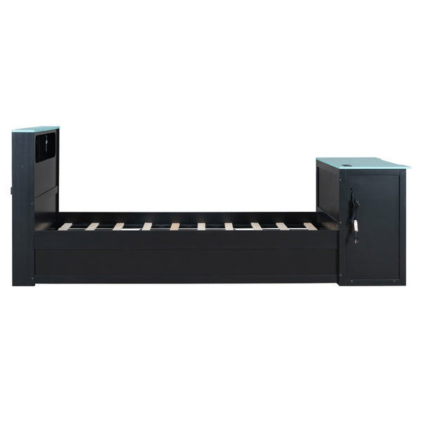 English Elm Twin Wood Gaming Daybed with Trundle Built-in Desk Rgb Lighting and Usb Port Black+Blue LT000283AAC
