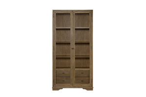 English Elm Tall Display Cabinet with Glass Doors and Drawers, Cashew Hickory Veneer for Elegant Storage & Décor Almond 43.5 L x 20 W x 85 H B2699P383822