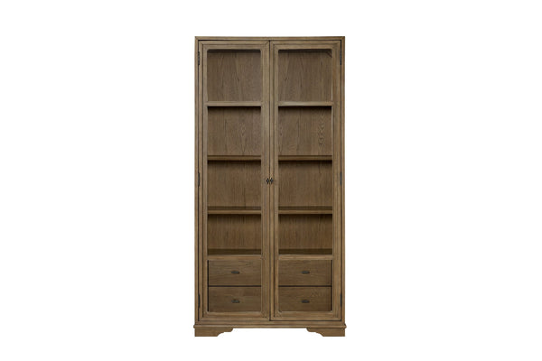 English Elm Tall Display Cabinet with Glass Doors and Drawers, Cashew Hickory Veneer for Elegant Storage & Décor Almond 43.5 L x 20 W x 85 H B2699P383822