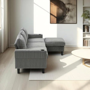 English Elm light grey knock down 3-seat combo sofa with storage ottoman, USB ports, magazine bags, comfy footrest W2603P376266