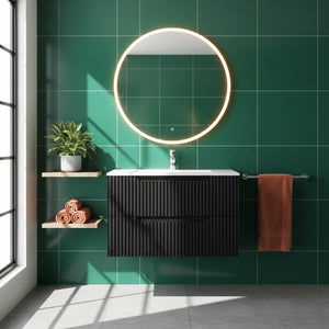 English Elm Goodyo 30 Inch Wall Mounted Bathroom Vanity with Ceramic Sink, Soft-Close Drawers & Spacious Storage Black W1223S00034
