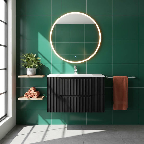 English Elm Goodyo 30 Inch Wall Mounted Bathroom Vanity with Ceramic Sink, Soft-Close Drawers & Spacious Storage Black W1223S00034