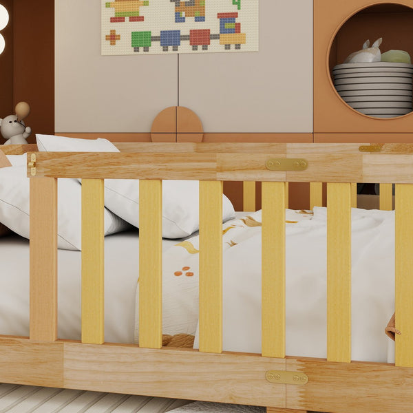 English Elm Full Size Floor Bed With Safety Guardrails, Eco-Friendly Rubber Wood, Minimalist Design & Easy Access W504P286380