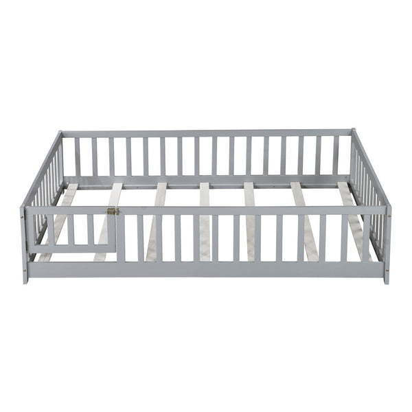 English Elm Twin Solid Rubberwood Floor Bed with Full Perimeter Safety Rails for Toddler Rooms Grey W504P296784