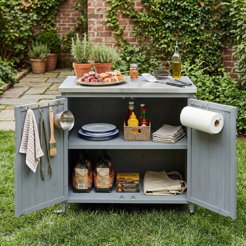 English Elm K&k Rolling Outdoor Kitchen Island Solid Fir Wood Stainless Steel Top Storage Cabinet Grey+Blue N707P370287G