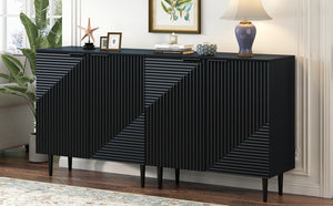 English Elm Mirod Geometric Relief Mdf Cabinet Set Lacquered Finish Metal Legs Modern Living Room Black N760S0000034B