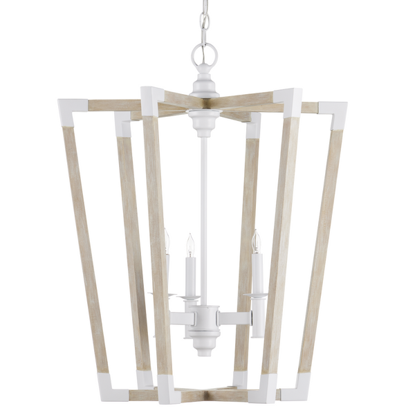 Bastian Sandstone Lantern - Elegant Arts & Crafts Inspired Chandelier in Sugar White and Wood Finish