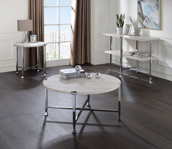 English Elm Contemporary Sofa Table with Wooden Top and X-Frame Metal Legs, Stable Modern Console for Living Room Chrome,White Oak 28 L x 31.5 W x 5 H B2741P337718