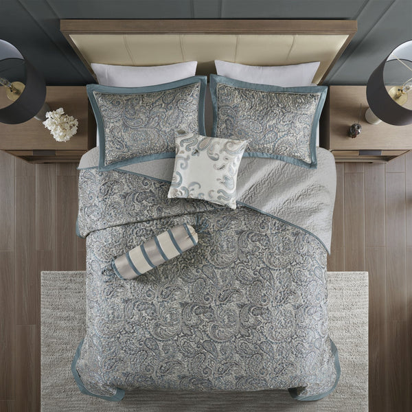 English Elm 5 Piece Jacquard Bedspread Set with Throw Pillows Queen Paisley Pattern Grey-Trimmed Quilted Luxury Teal 18.11 L x 22.83 W x 7.48 H B035P148359