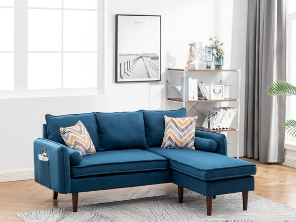 English Elm Mirella Mid-century Sectional with Reversible Chaise Usb Charging and Storage Pouches Blue B2749P413375