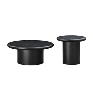 English Elm 2-piece Nesting Round Coffee Table Set Wood Veneer Sculptural Living Room Accent Black W2582S00185