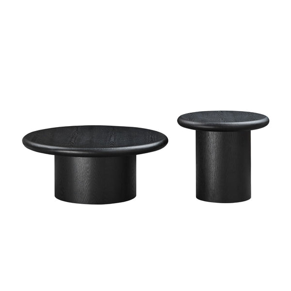 English Elm 2-piece Nesting Round Coffee Table Set Wood Veneer Sculptural Living Room Accent Black W2582S00185