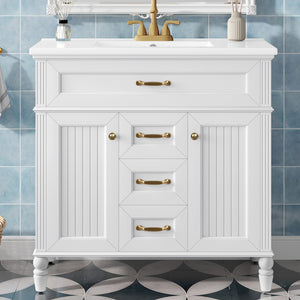 English Elm 36 Inch Bathroom Vanity with Ceramic Sink, Durable MDF & Solid Wood Frame, Soft-Close Doors, Luxe Handles, Ample Organized Storage, Modern Freestanding Design White N725P314034K