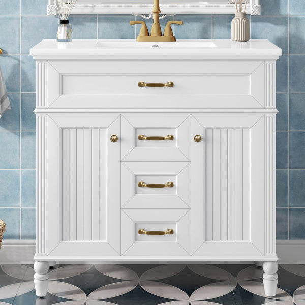 English Elm 36" Freestanding Single Sink Bathroom Vanity Rubberwood Cabinet with Matching Mirror White N725S314034K