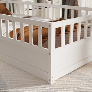 English Elm Twin Montessori Floor Bed Frame With Safety Barrier & Child-Friendly Door - Cozy White Design! W1858P164923-GIGA