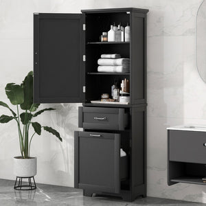 English Elm Tall Bathroom Storage Cabinet - Freestanding, Adjustable Shelf & Dual Drawer Design In Matte Black Finish N725P206895B-GIGA