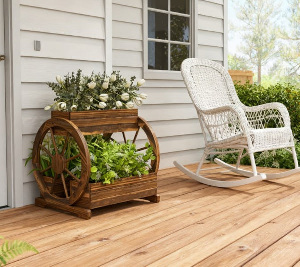 English Elm Outdoor Carbonized Fir 3-tier Wagon Wheel Raised Planter Box for Herbs and Vegetables T3971P423432