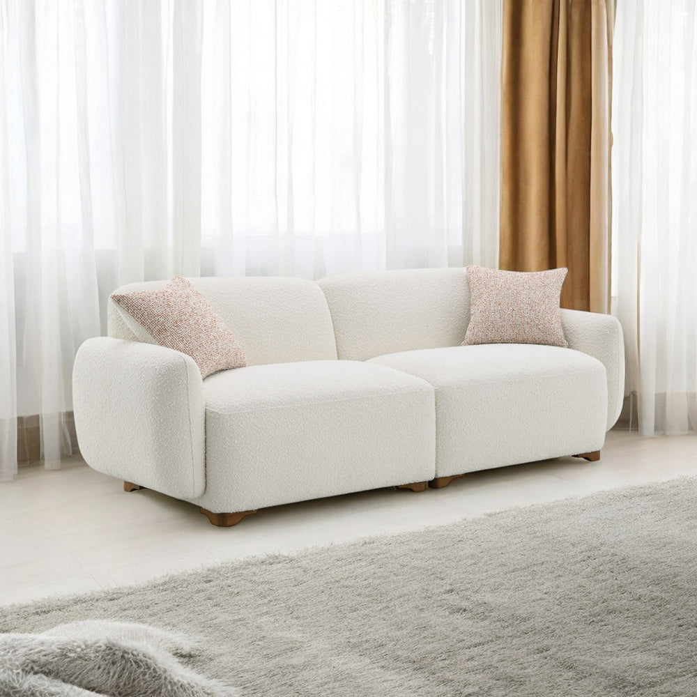 English Elm Darius Boucle Sofa in Beige with 2 Toss Pillows — Plush Pocket Coil Seating, Wood Frame, Modern KD Legs B2726S00115