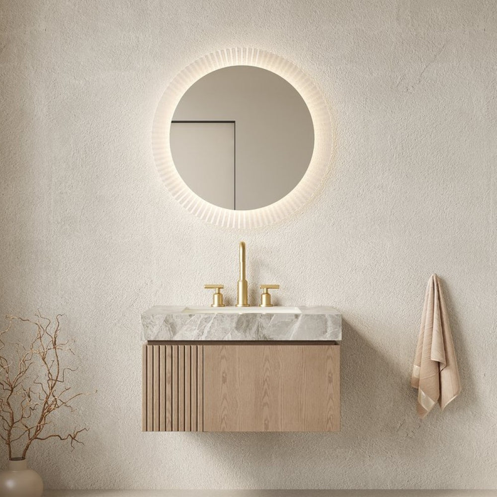 English Elm Muri Floating Bathroom Vanity Plywood Cabinet Sintered Stone Top Woodgrain Finish W2615S00602