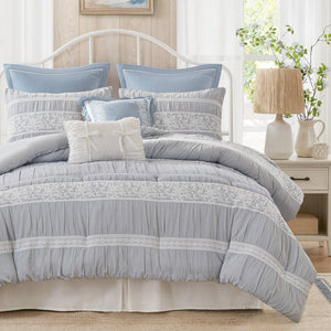 English Elm 7-piece King Jacquard Comforter Set Lace Detail Chambray Cottage Bedroom Ensemble Blue B035P482887