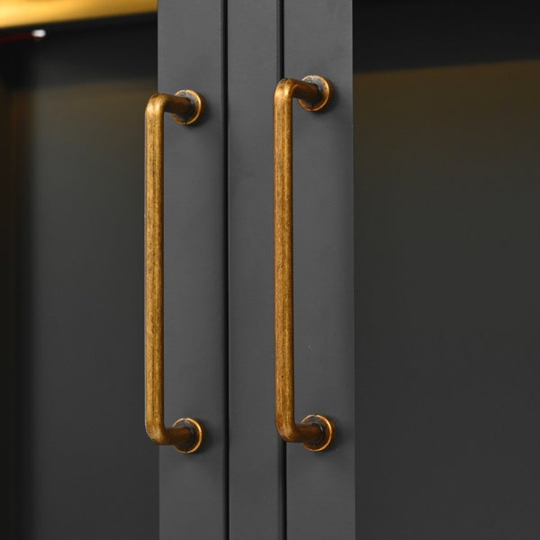 English Elm 76.75'' Steel Curio Cabinet with Led Lights Tempered Glass Doors Vintage Brass Handles SN845P282833B_R