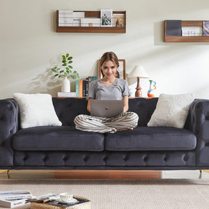 English Elm FX Velvet Chesterfield Sofa 82.5" Deluxe Tufted Design with 2 Pillows, Metal Legs, 750lb Capacity Black W1926S00072