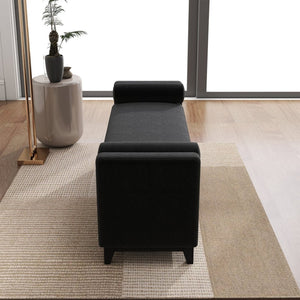 English Elm 66 Inch Sherpa Upholstered Storage Bench with Fluted Wood Base and Bolster Pillows Black W1658P446127