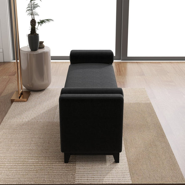 English Elm 66 Inch Sherpa Upholstered Storage Bench with Fluted Wood Base and Bolster Pillows Black W1658P446127