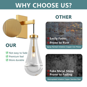 English Elm Brass Modern Raindrop Glass Wall Sconce — Dimmable Handblown E12 LED, Brushed Luxury Vanity Light W2312P389959