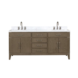 English Elm Grey Oak Double Bath Vanity With Carrara Marble Top & Gooseneck Faucet Set - Stylish Storage Solution! B2731P259896