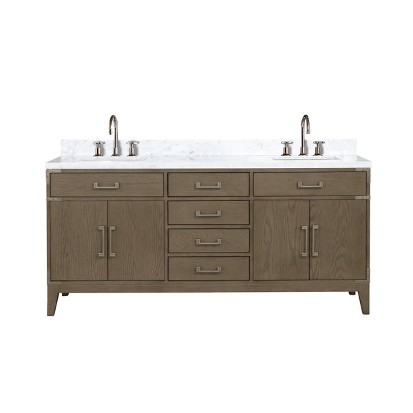 English Elm Grey Oak Double Bath Vanity With Carrara Marble Top & Gooseneck Faucet Set - Stylish Storage Solution! B2731P259896