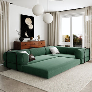 English Elm U_style Modular Corduroy Sectional Sofa Converts to Guest Bed for Apartment Living Green WY000463AAC
