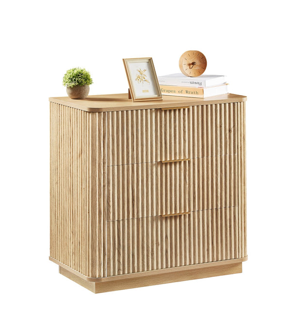 English Elm 3 Drawers Chest - Modern Curved Wave Design Nightstand For Bedroom & Living Room, Oak Finish W1820P337285