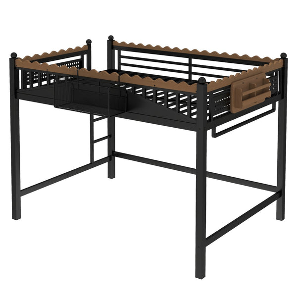 English Elm Full Size Metal Loft Bed with Built-in Shelving for Teen or Studio Bedroom W1580S00381