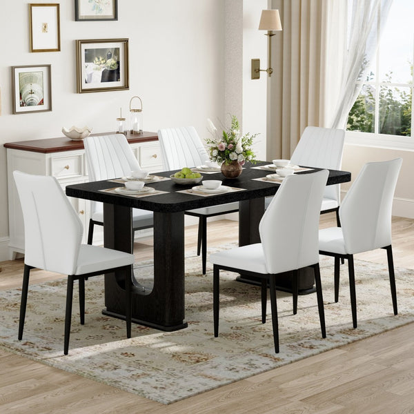 English Elm Table And Chair Set - 64.5" Stylish Black Wood Dining Table With 6 Ergonomic Black & White Chairs W1151S04307-GIGA