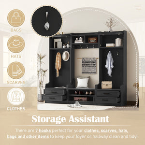 English Elm 4-in-1 Hall Tree with Bench, 7 Hooks, 2 Cabinets & 4 Drawers for Entryway Storage and Seating Black W1580S00089