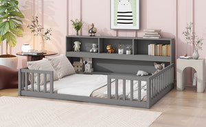English Elm Full Floor bed with side bookcase and guardrails — space-saving storage shelves, sturdy pine construction, modern style (Full) Grey W504142774