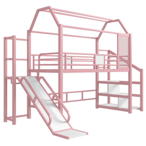 English Elm Twin House Loft Bed with Slide and Stairs, Metal Playhouse with Storage Shelves and Quiet Design Pink W1580S00349