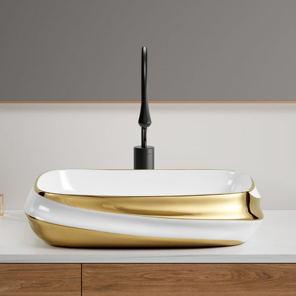 English Elm 24x17" Ceramic Vessel Sink Gold Rim Above Counter Vanity Basin for Modern Bathrooms W3402P435606